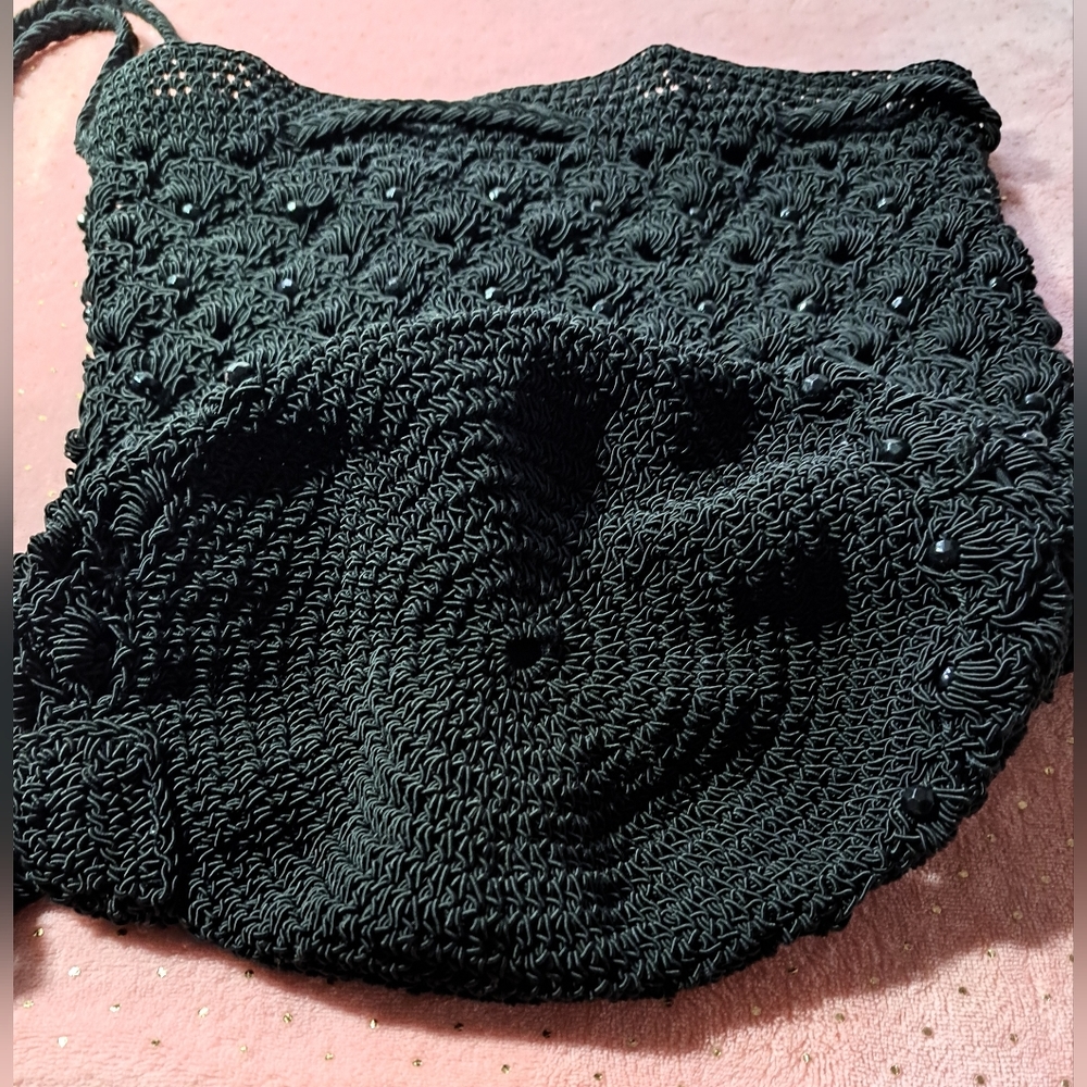 Black Crocheted Backpack Drawstring Bag Nwot - image 4